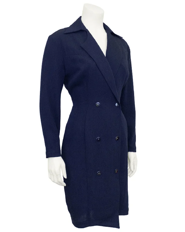 Navy Wool Double Breasted Coat Dress Peter Pan Collar Cowl Neck Turtleneck