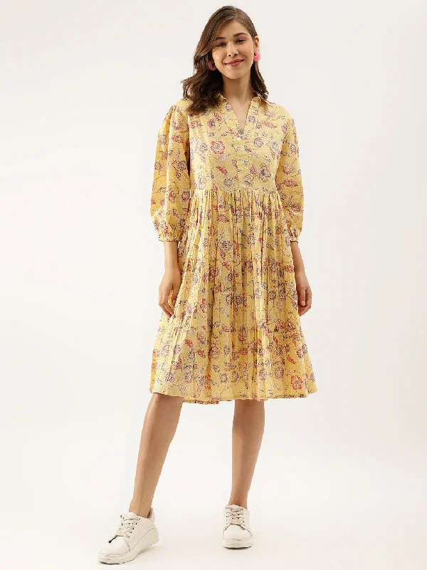 NOZ2TOZ Women's Yellow Floral Printed Cotton Dress