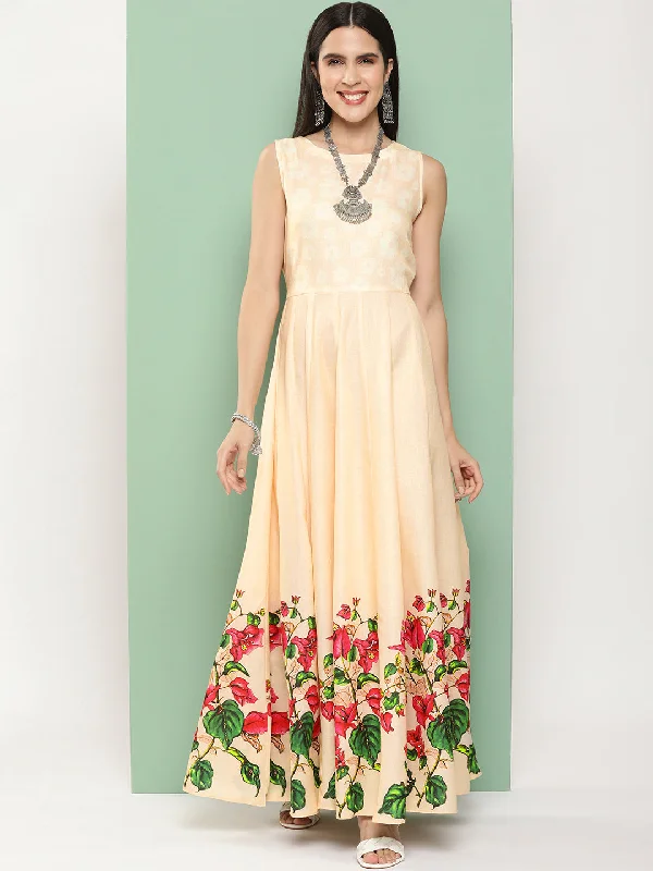 Women's Beige Printed Long Dress With Waist Belt - Bhama