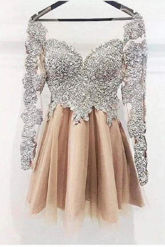 A Line Long Sleeves Homecoming Dress, Cheap Short Prom Dresses DMJ36
