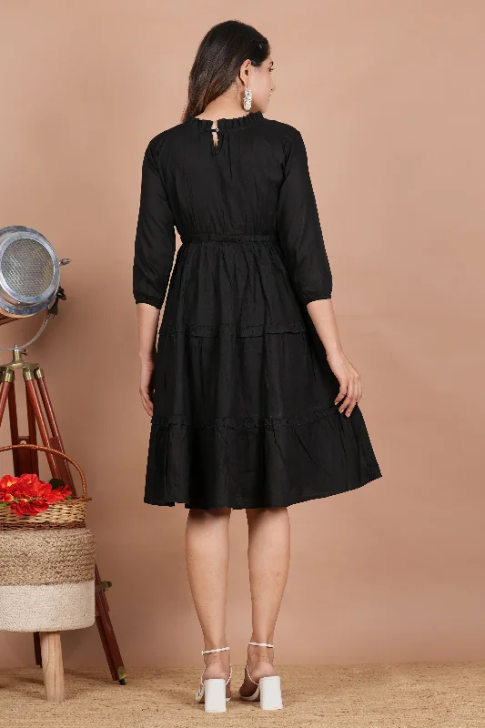 House of RP Women's Black Cotton Solid Tiered Dress