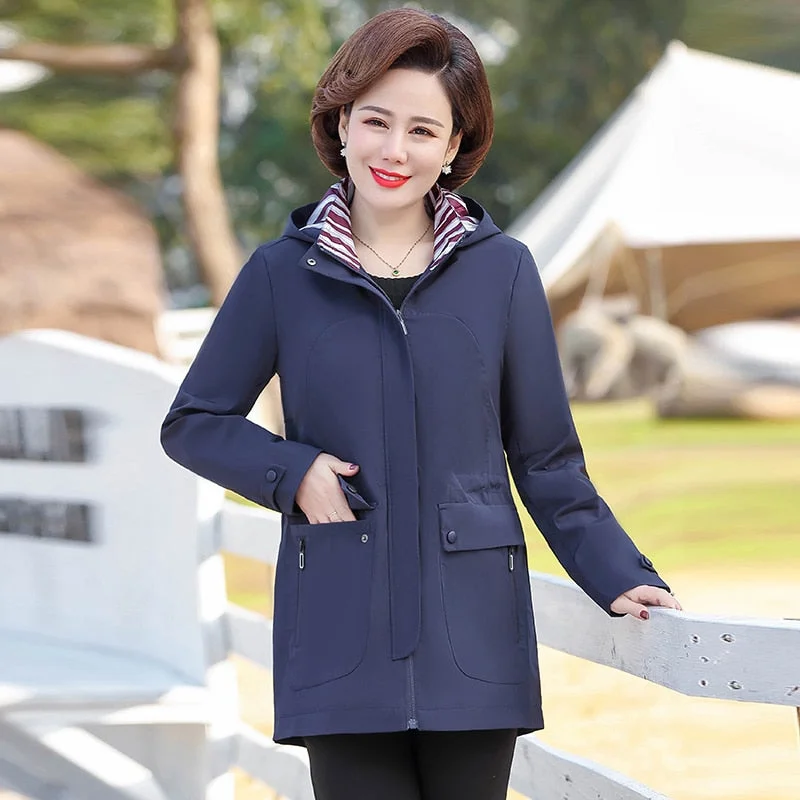 2020 New Spring Autumn Trench Coat Women Korean Fashion Loose Ladies Casual Windbreaker Hooded Coat  Middle-Aged Women's Tops Lapel Coat Peter Pan Collar Coat Cowl Neck Coat