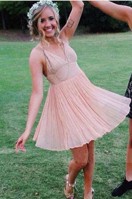 Charming V Neck A Line Blush Chiffon Straps Homecoming Dresses DMD47