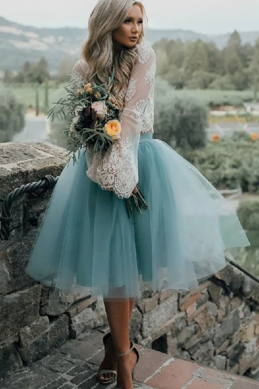 Princess Two Piece Long Sleeves White Lace A Line Tulle Homecoming Dress DMD32