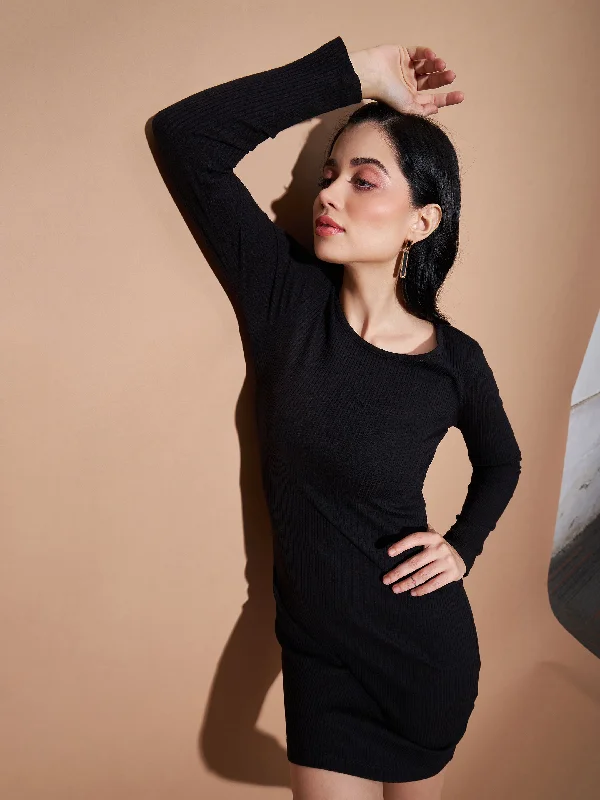 Lyush Women Black Basic Bodycon Rib Dress
