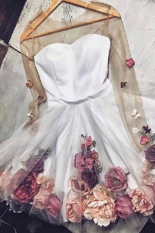A Line Round Neck Long Sleeves Flower Short Homecoming Dresses With Flowers DMM66