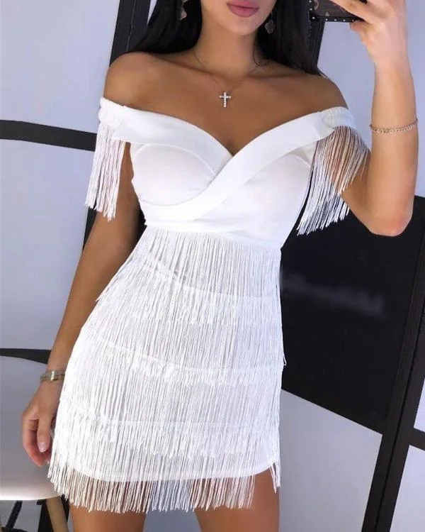 FashionSierra - Solid Off Shoulder Tassel Design Dress
