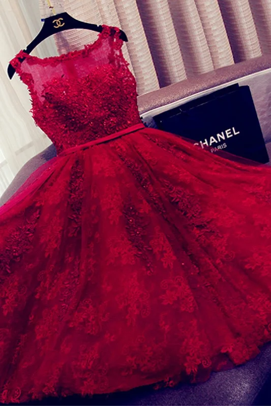Charming Red A Line Lace Short Sleeveless Homecoming Dresses DMD9