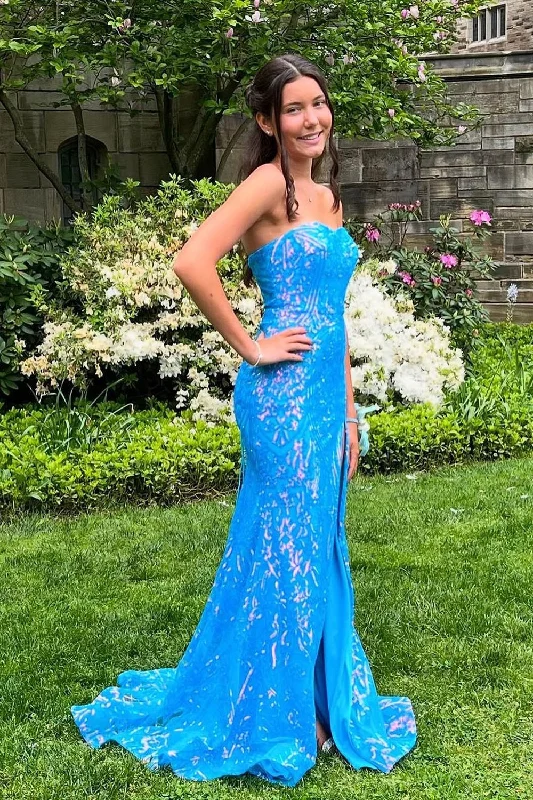 Strapless Blue Sequins Long Mermaid Prom Dresses