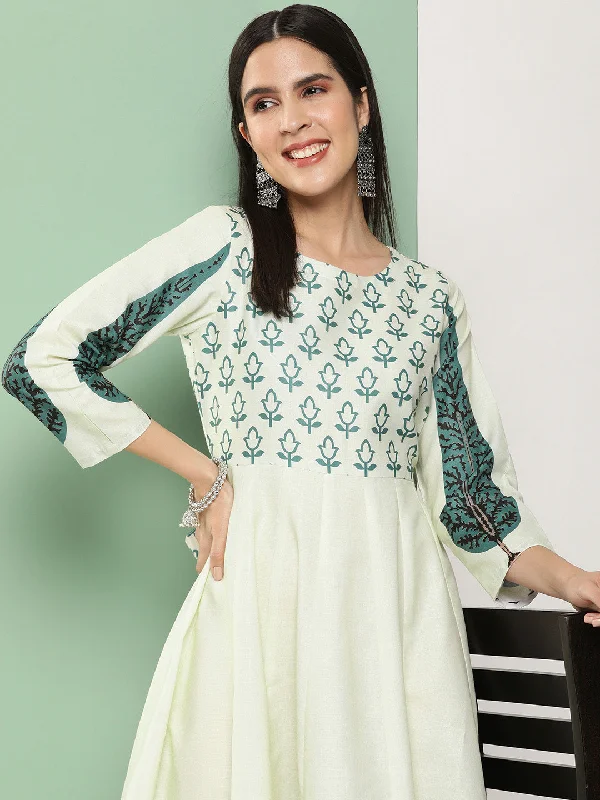 Women's Beige Printed Long Dress With Waist Belt - Bhama