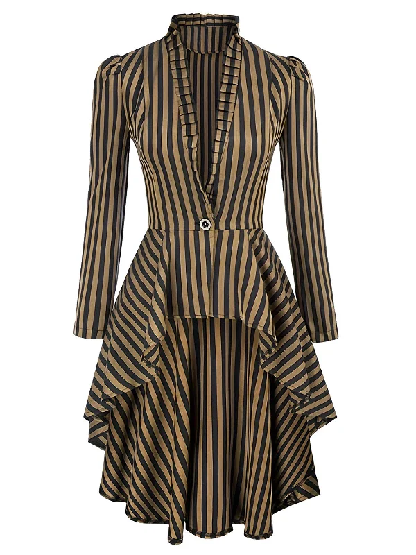 Brown 1940s Gothic Stripes High-Low Hem Coat Quilted Jacket Anorak Windbreaker