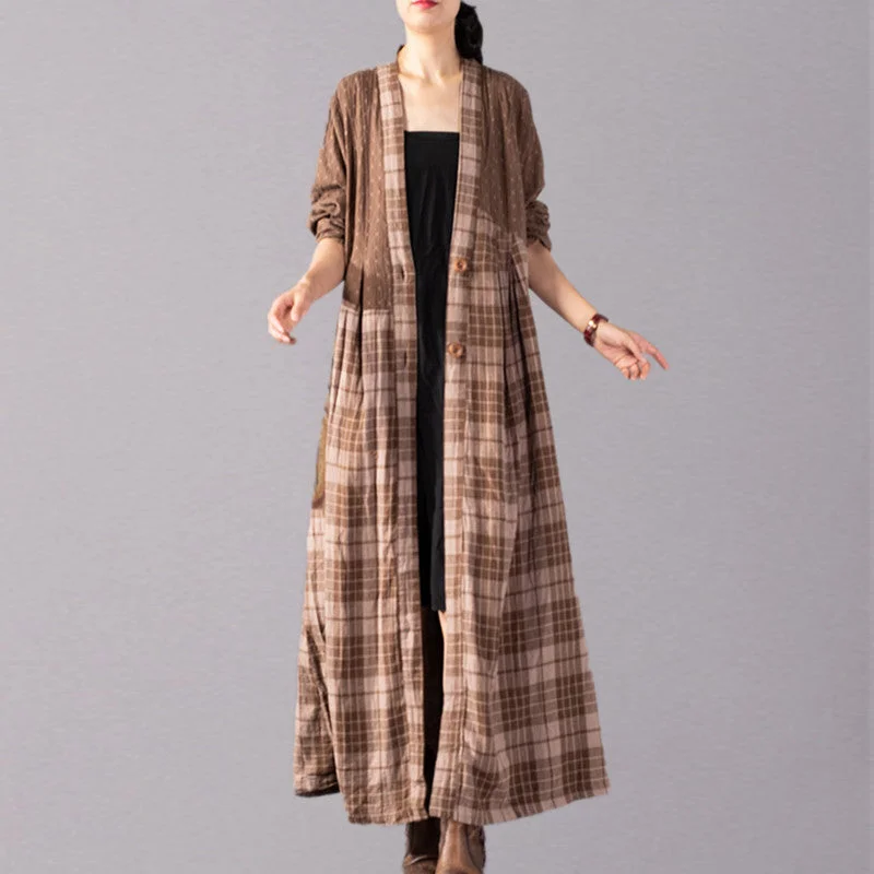 boutique khaki Plaid coats Loose fitting V neck large hem long coat boutique patchwork maxi coat Chenille Brocade Lace