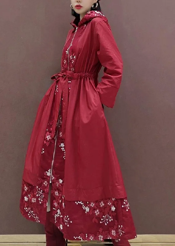 French Hooded Fine Spring Clothes For Women Red Embroidery Art Coats Fitted Loose Oversized