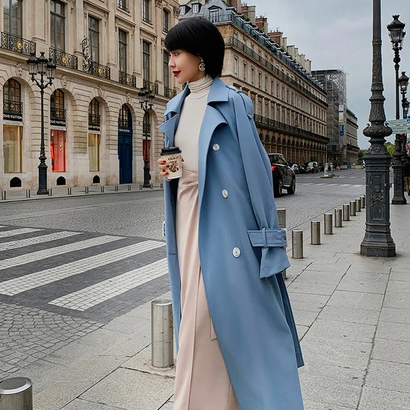 GALCAUR Autumn Women's Windbreaker Lapel Collar Long Sleeve High Waist With Sashes Trench Coat Female Fashion 2020 Clothing Tide Off-the-Shoulder Jacket Double-Breasted Coat Single-Breasted Coat