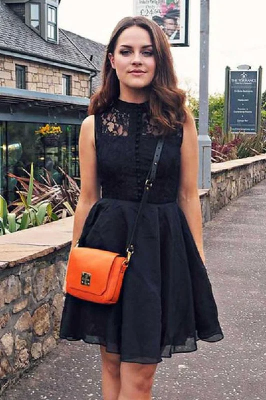 Cute A Line High Neck Black Homecoming Dresses, Little Black Dresses, Short Black Prom Dresses DMM69