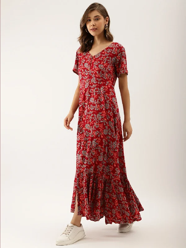NOZ2TOZ Women's Maroon Floral Printed Rayon Ethnic Dress