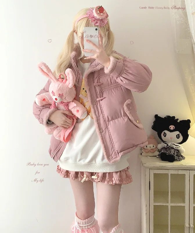 Girly Korean style pink cute plush cotton coat Parka Down Jacket Wool Coat