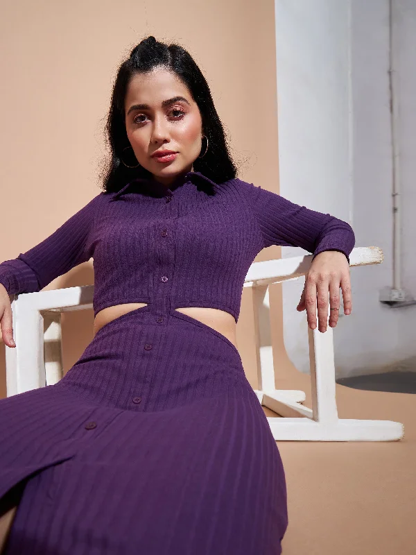 Lyush Women Purple Side Cut-Out Collar Bodycon Rib Dress