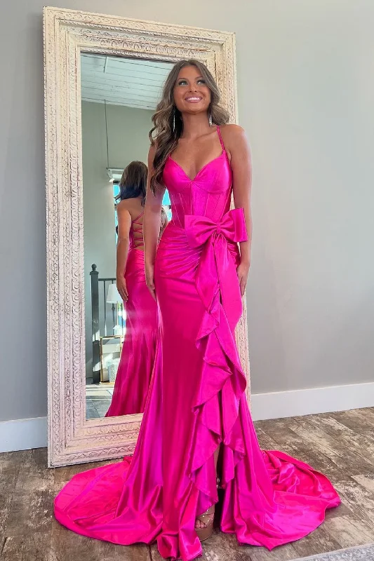 Charming Mermaid Pink Satin Slit V Neck Prom Dresses