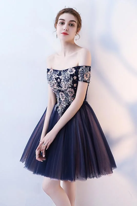 A Line Purple Appliques Homecoming Dresses, Short Off the Shoulder Prom Dress DMN65