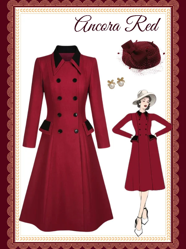 Red 1950s Lapel Double Breasted Coat Trench Raincoat Windbreaker