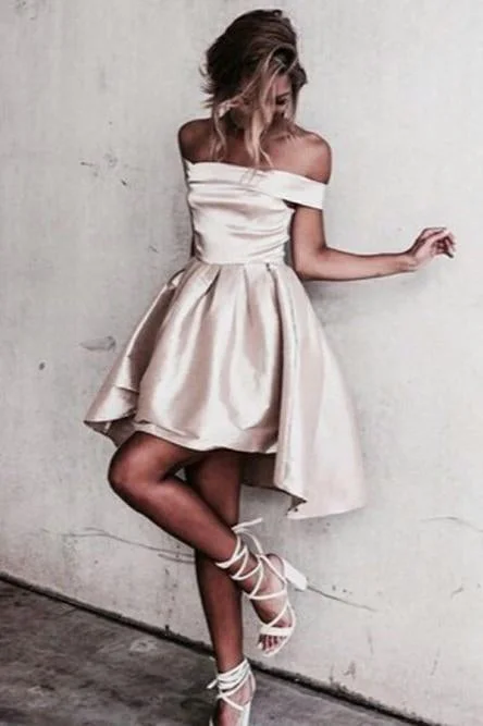Simple A-Line Off the Shoulder High Low Satin Sleeveless Homecoming Dress DMD67