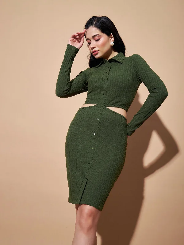 Lyush Women Olive Side Cut-Out Bodycon Rib Dress