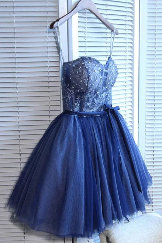 Cute Navy Blue Sweetheart Tulle Beaded Appliques Short Homecoming Dress DMD45
