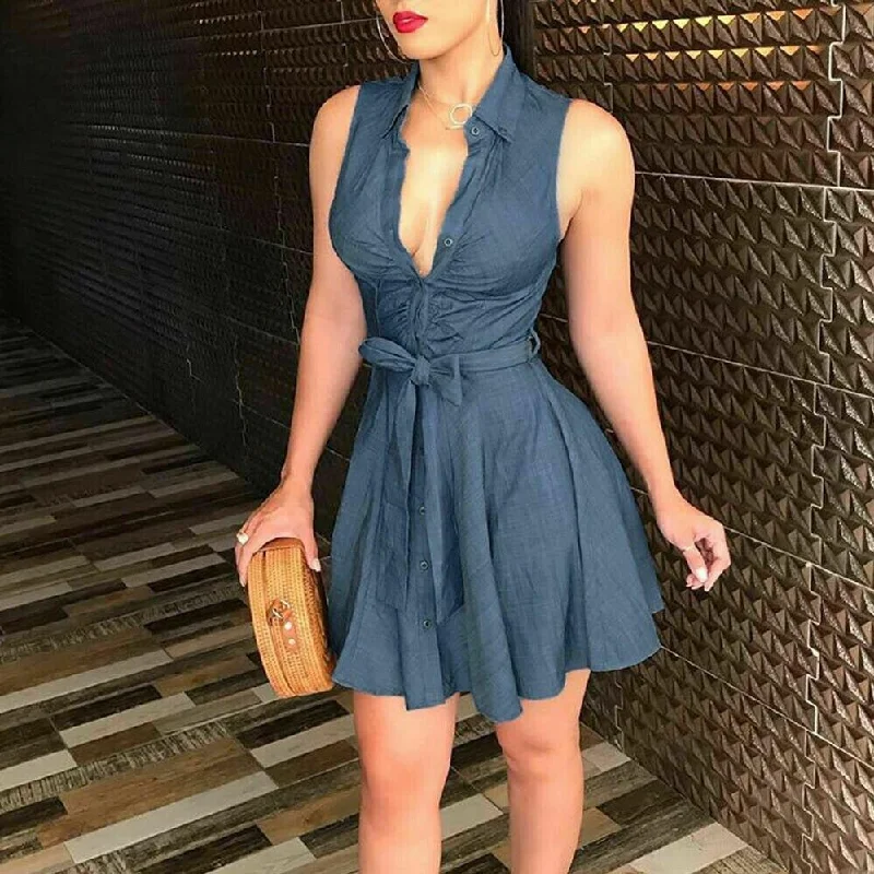 FashionSierra - Women Sleeveless Denim Deep V neck Dress
