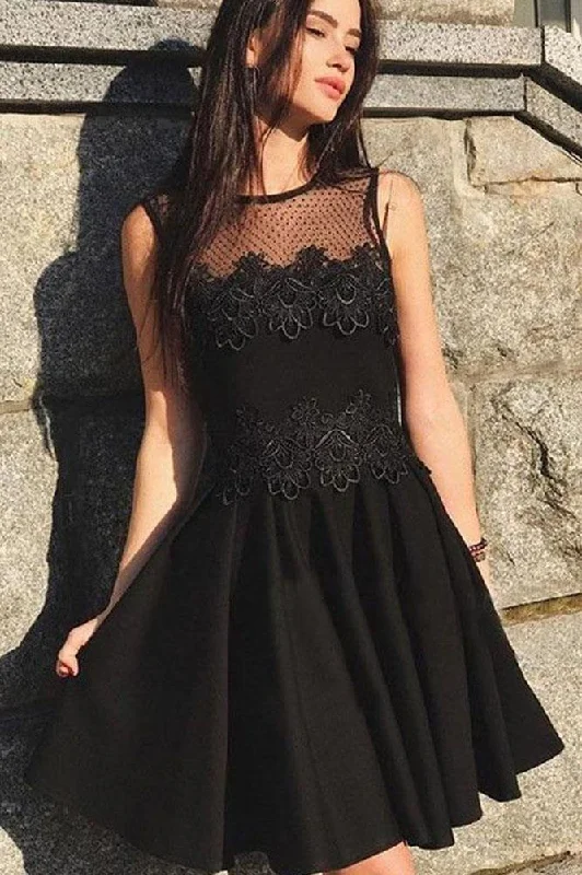 Cute A Line Round Neck Black Lace Short Homecoming Dresses, Little Black Dresses DMM58 Cute A Line Round Neck Black Lace Short Homecoming Dresses, Little Black Dresses DMM58