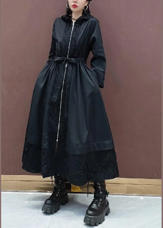 DIY Black Embroidery Plus Size Tunic Coats Inspiration Hooded Spring Coat Trim Padded Insulated