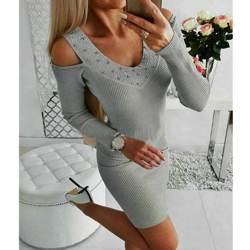FashionSierra - Women's Sexy V-Neck Long Sleeve Rhinestone Collar Dress
