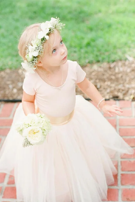 Light Pink Tulle Skirt Flower Girl Dresses with Sleeves
