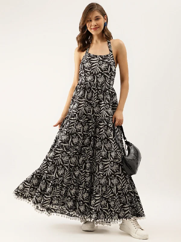 NOZ2TOZ Women's Black Floral Printed Cotton Ethnic Dress
