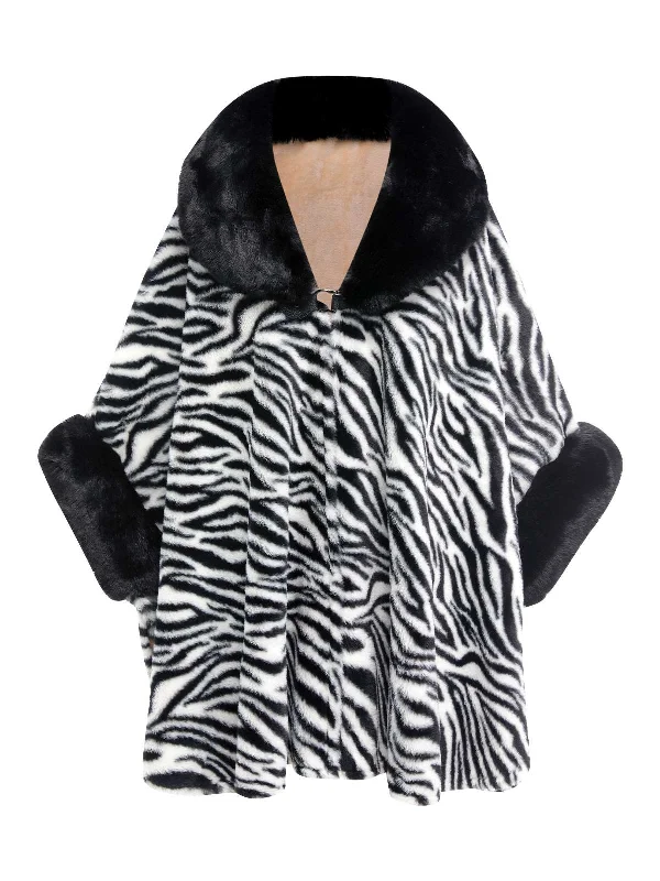 Black 1970s Zebra Fur Collar Cape Coat Suede Jacket Faux Fur Jacket Puffer Jacket