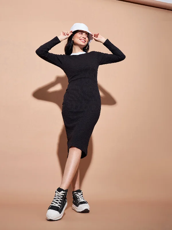 Lyush Women Black Contrast Rib Bodycon Rib Dress
