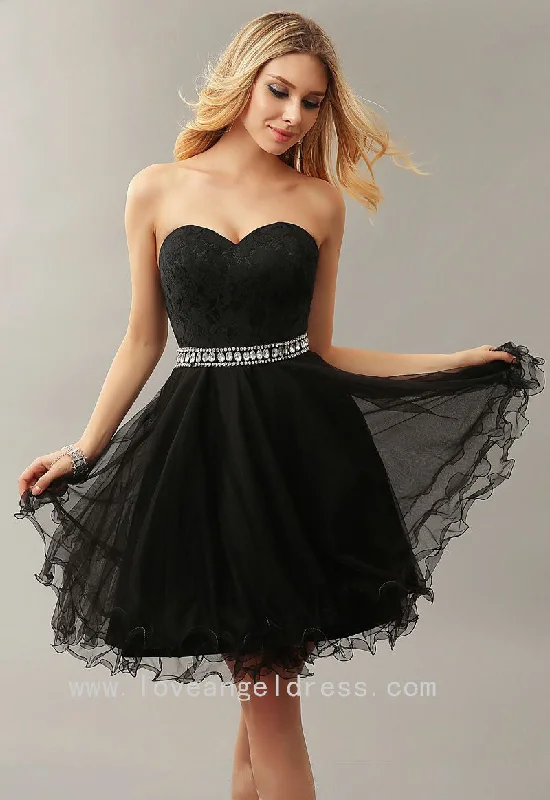 Lace Corset Sweetheart Stones Belt Little Black Dress for Cocktail