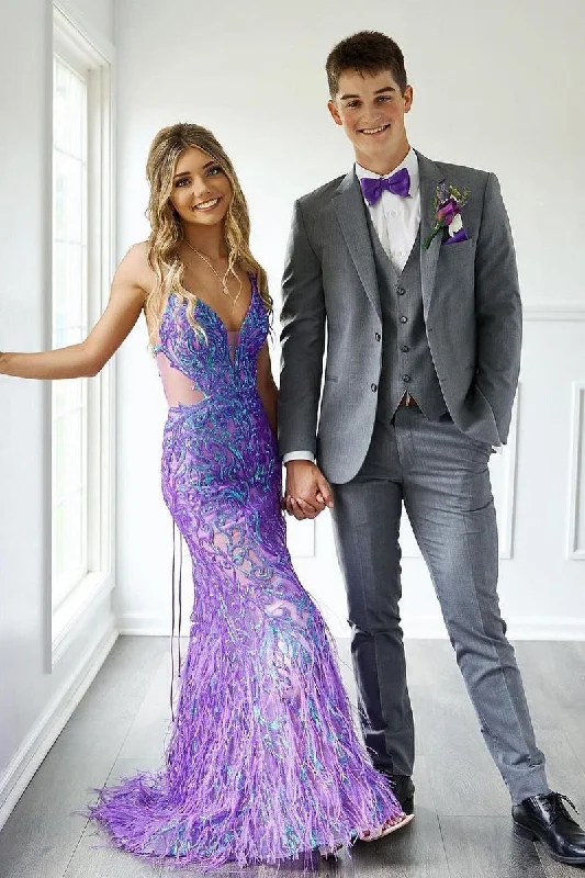 V Neck Purple Sequins Mermaid Long Prom Dresses