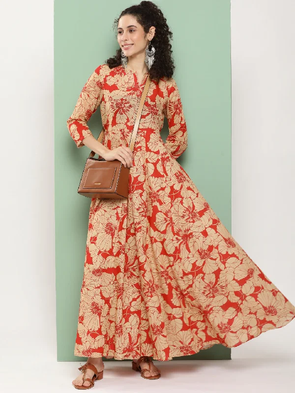 Women's Red Printed Long Dress With Waist Belt - Bhama