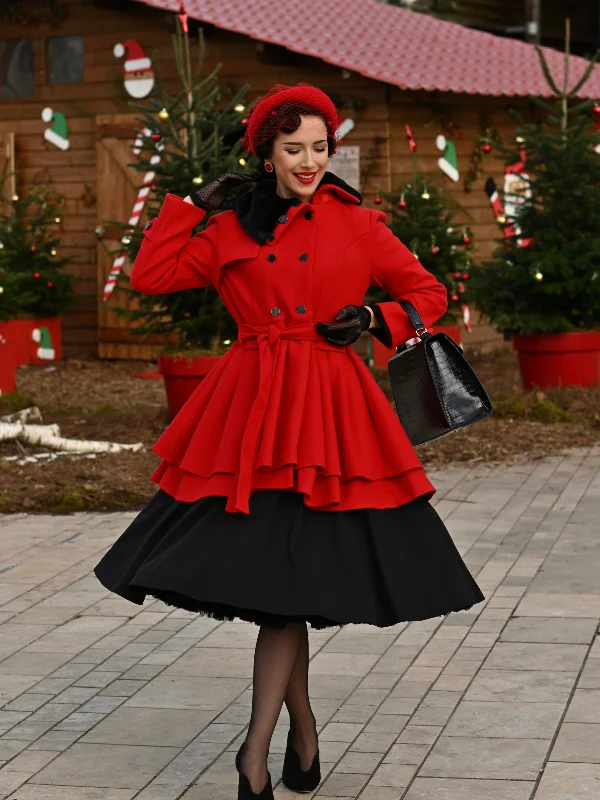 1950s Fur Collar Waisted Winter Coat Rayon Velvet Corduroy
