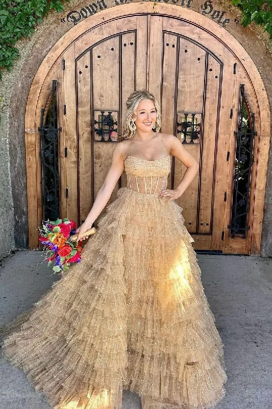 Elegant Ball Gown Long Strapless Gold Ruffle Tiered Tulle Prom Dresses