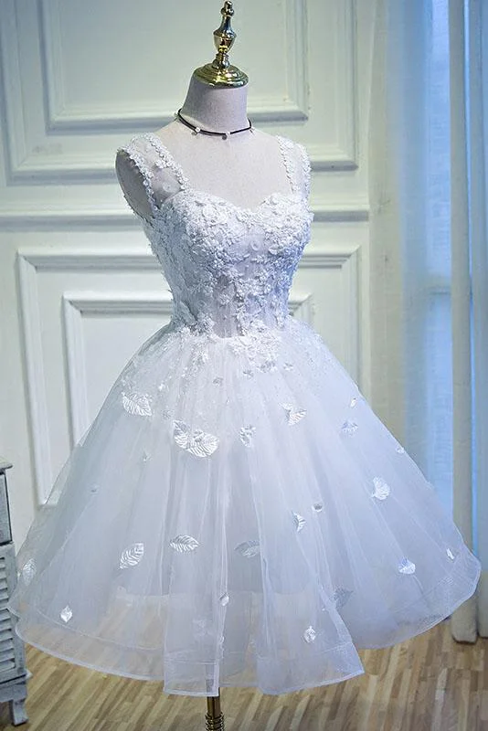A Line Lace Appliques Homecoming Dresses, Short Sleeveless Prom Dress DMN67