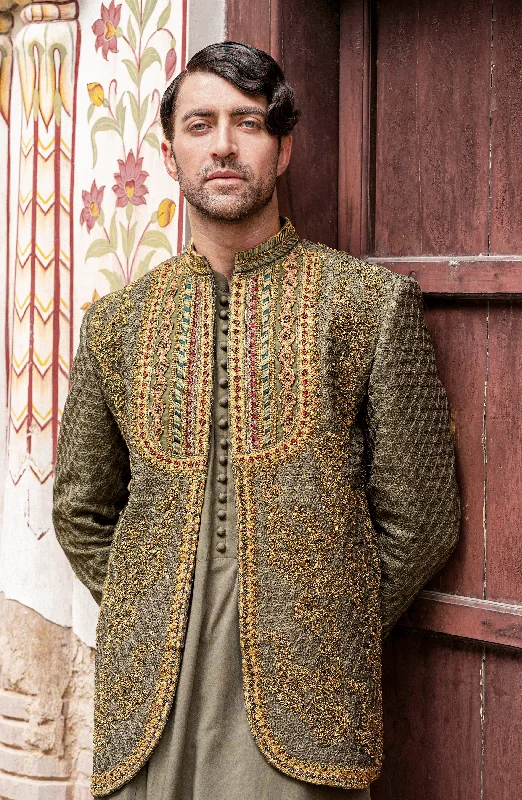 Handcrafted Green Prince Coat with Rajasthani Kurta & Pajama Knit Woven Fleece