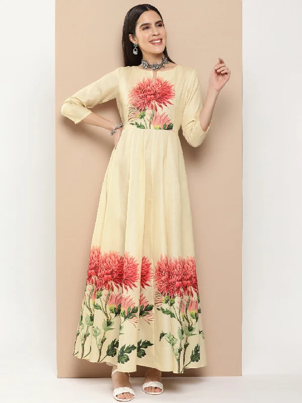 Women's Beige Printed Long Dress With Waist Belt - Bhama