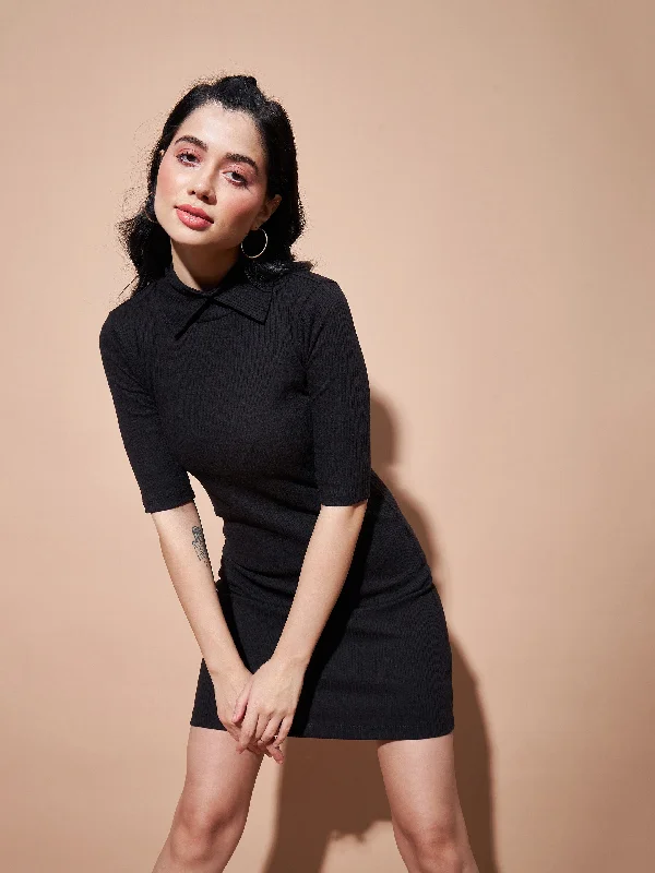 Lyush Women Black Stand Up Collar Bodycon Rib Dress