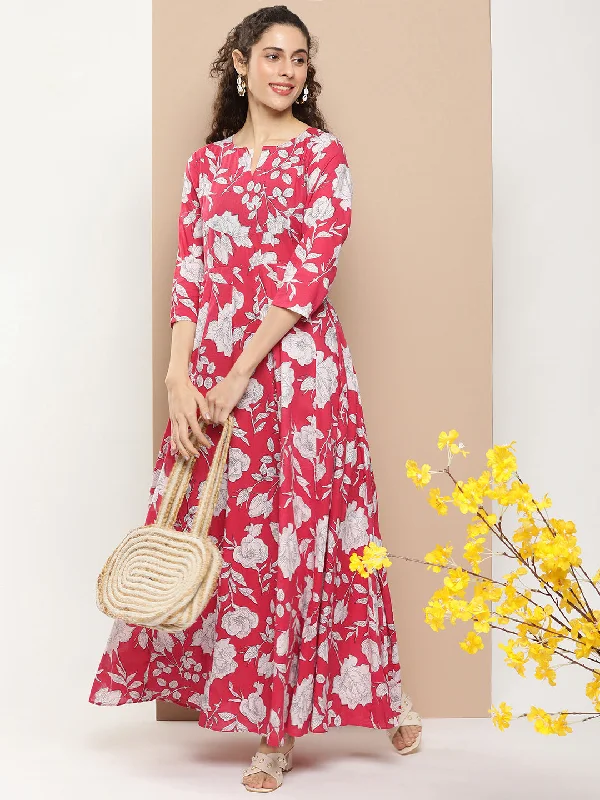 Women's Pink Printed Long Dress With Waist Belt - Bhama