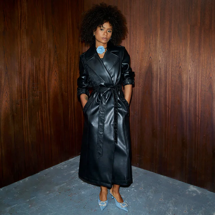 Black Embroidered Vegan Leather Trench Coat Vest Waistcoat Gilet