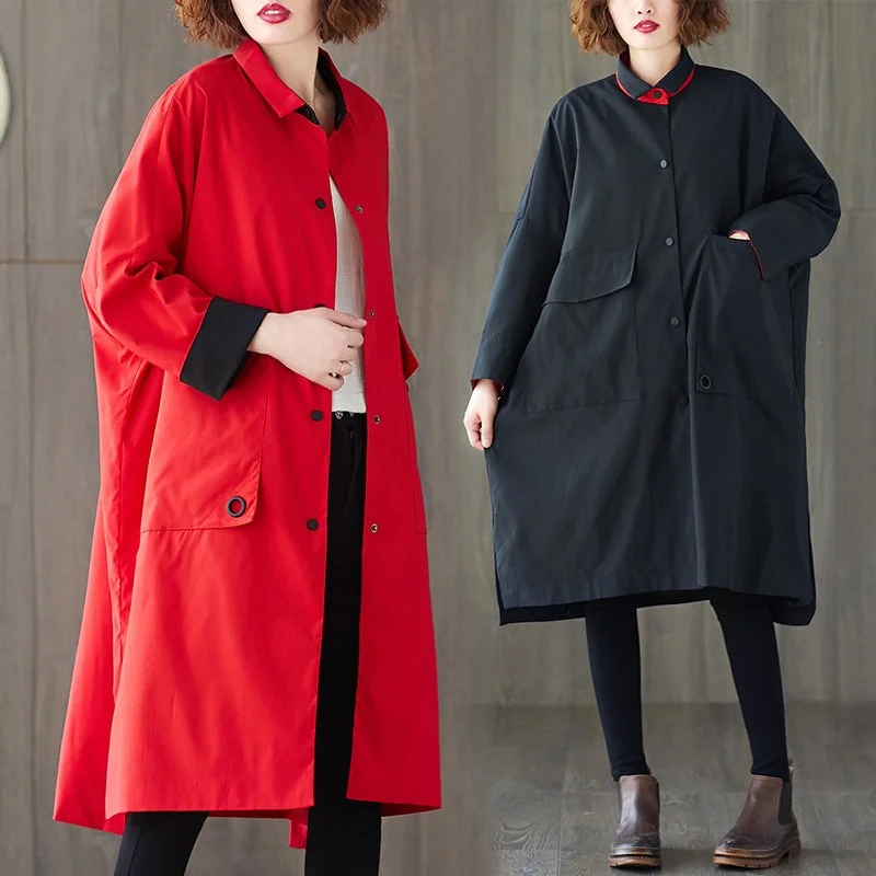 2020 Spring Autumn Long Trench Coats New Korean Large Size red Women's Clothes Loose fashion Casual Windbreaker XA425 Turtleneck Jacket Crew Neck Jacket V-Neck Jacket