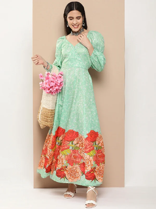 Women's Green Printed Long Dress With Waist Belt - Bhama