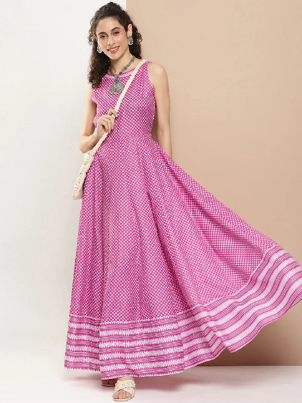 Women's Pink Polka Dots Long Dress With Waist Belt - Bhama